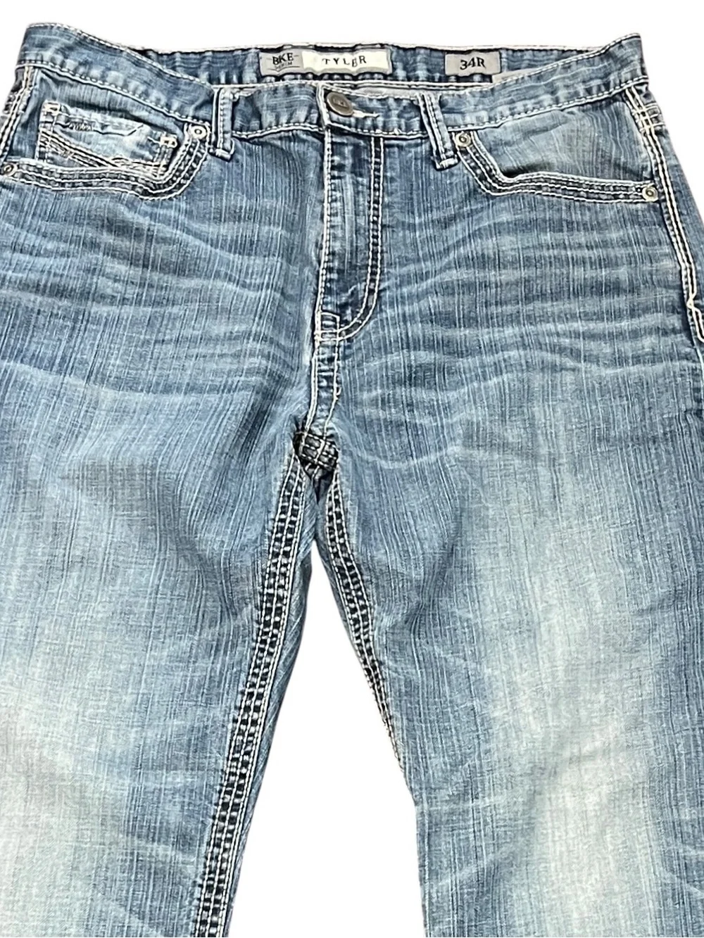 BKE Tyler Straight Leg Jeans 34R Light Wash Whiskered Distressed Y2K Denim